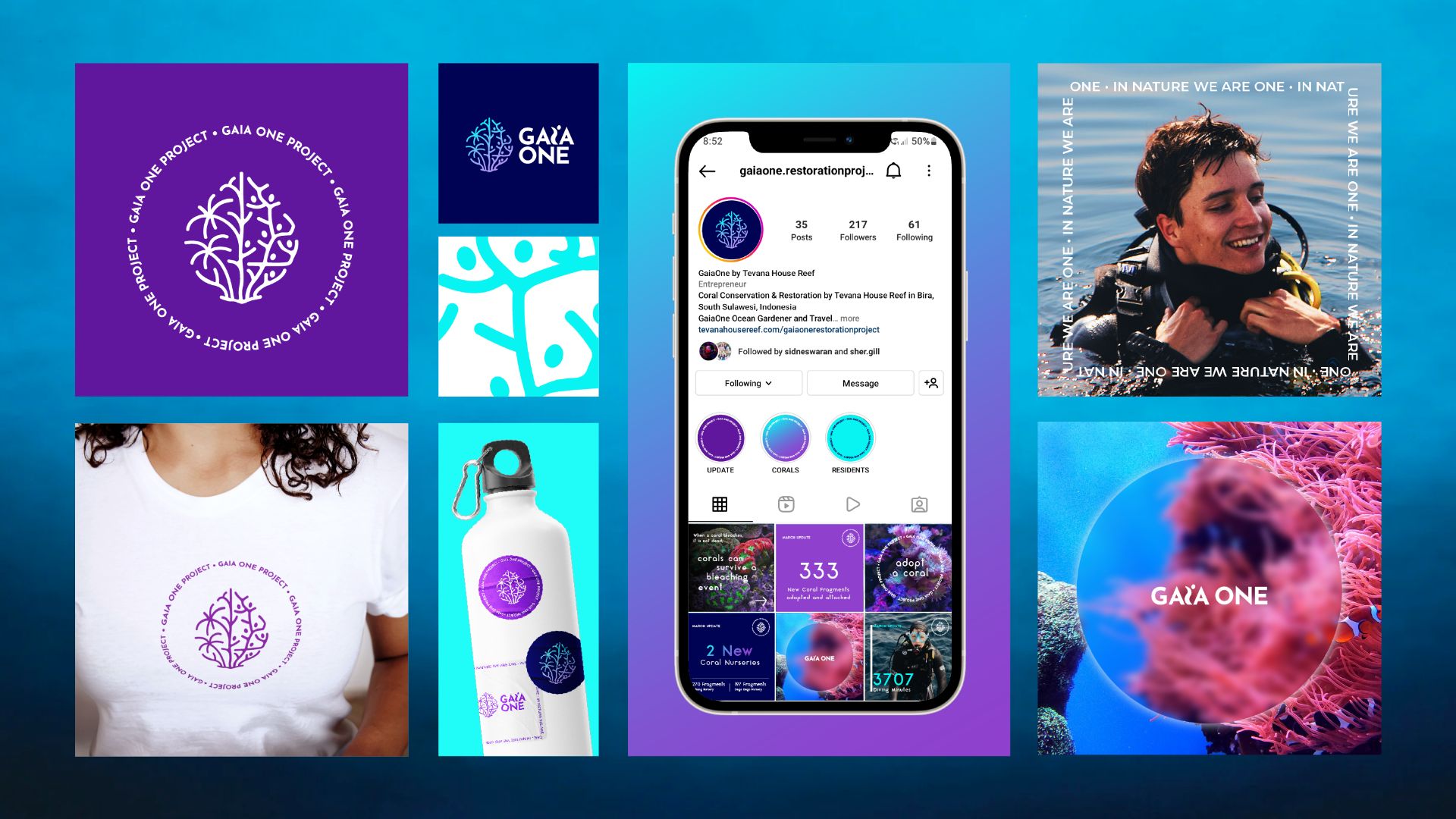 Gaia One identity across a T-shirt, water bottle, stickers and an Instagram feed