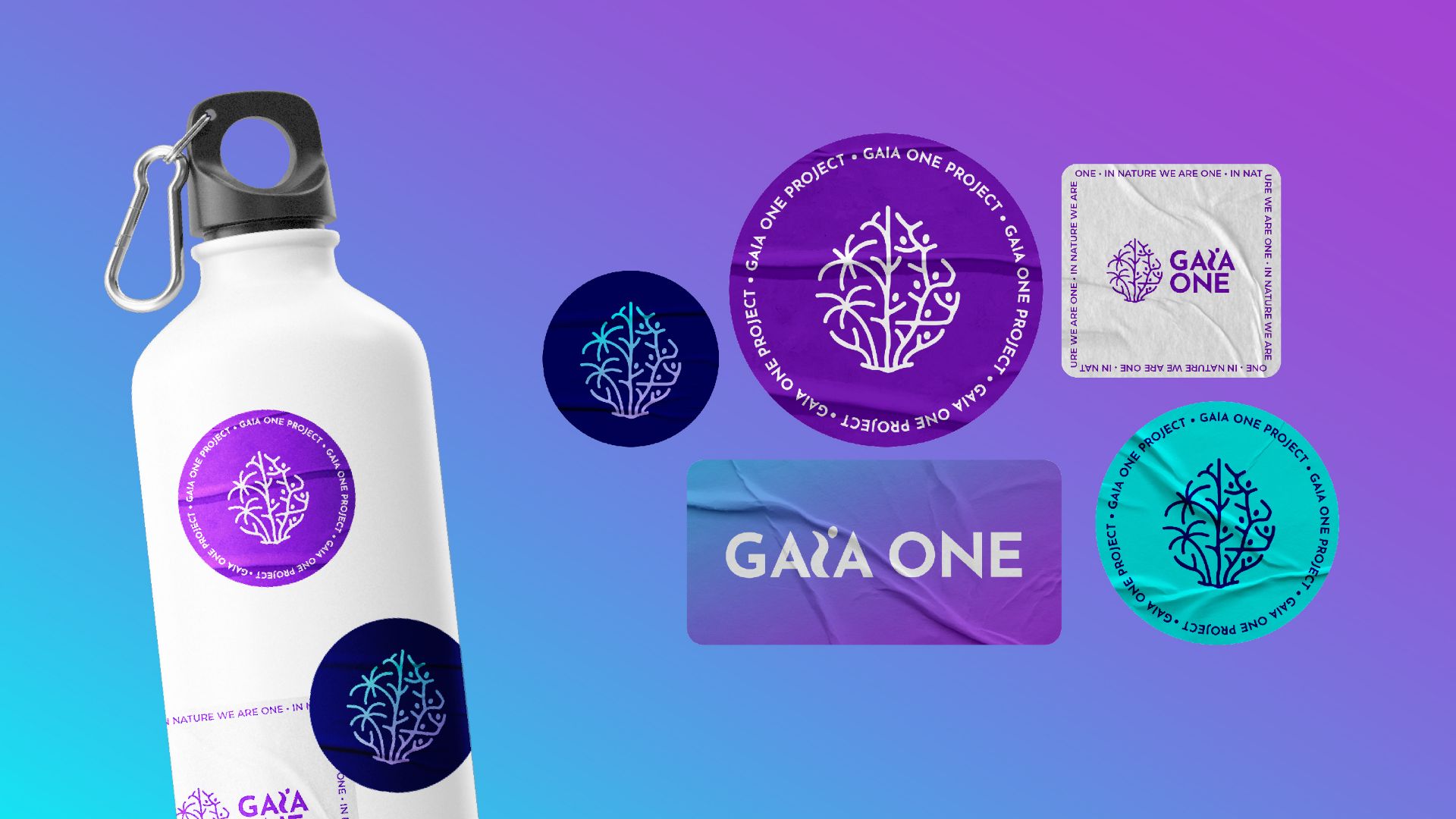 Gaia One water bottle and stickers on a purple-to-turquoise gradient