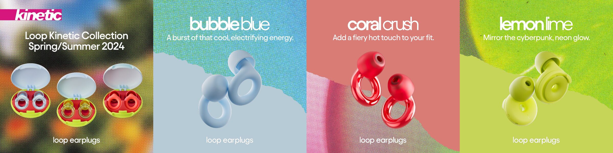 Four Loop Kinetic Collection posts side by side: the collection, Bubble Blue, Coral Crush and Lemon Lime