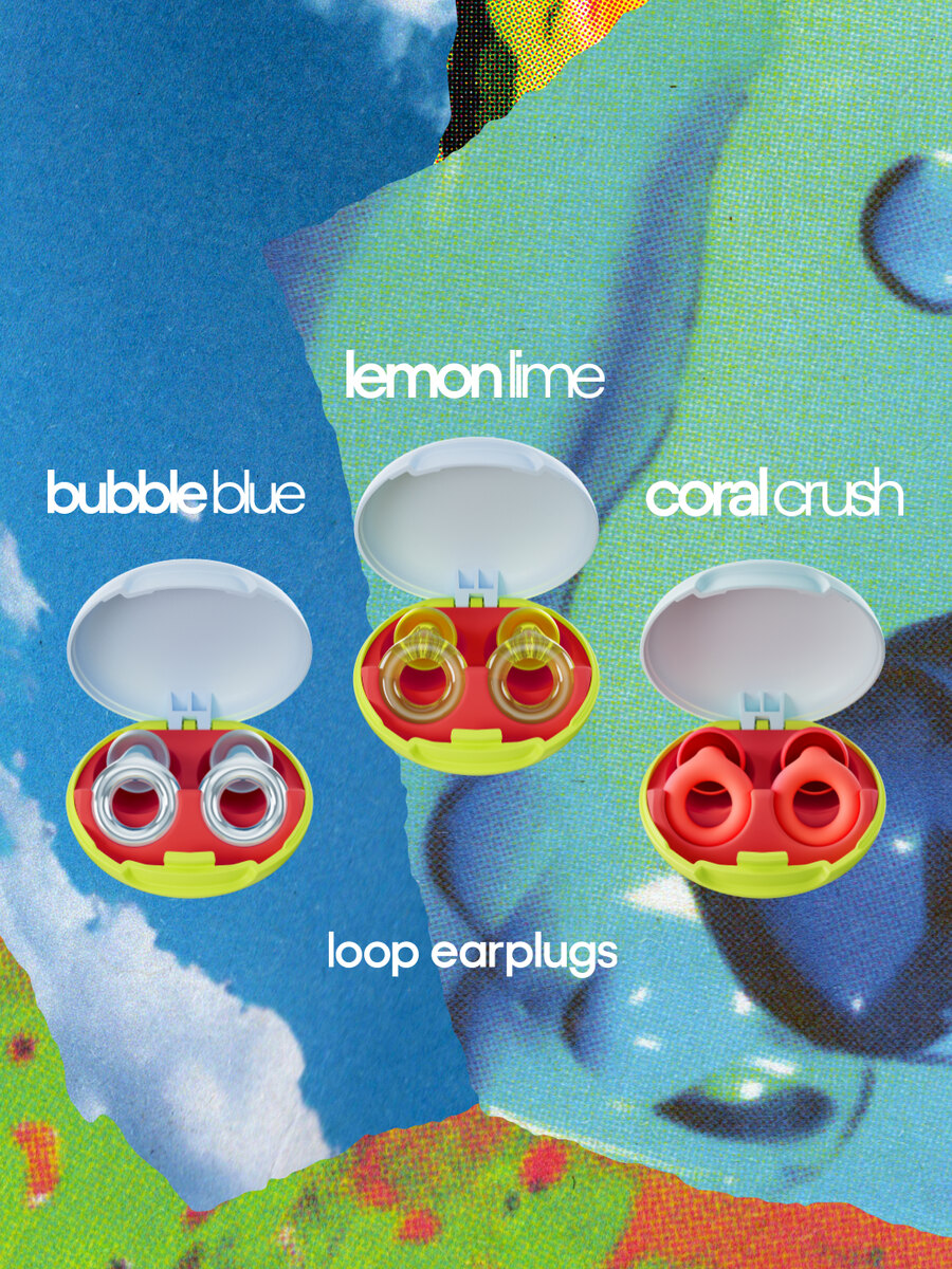 Loop Kinetic cases in Bubble Blue, Lemon Lime and Coral Crush on a collage background