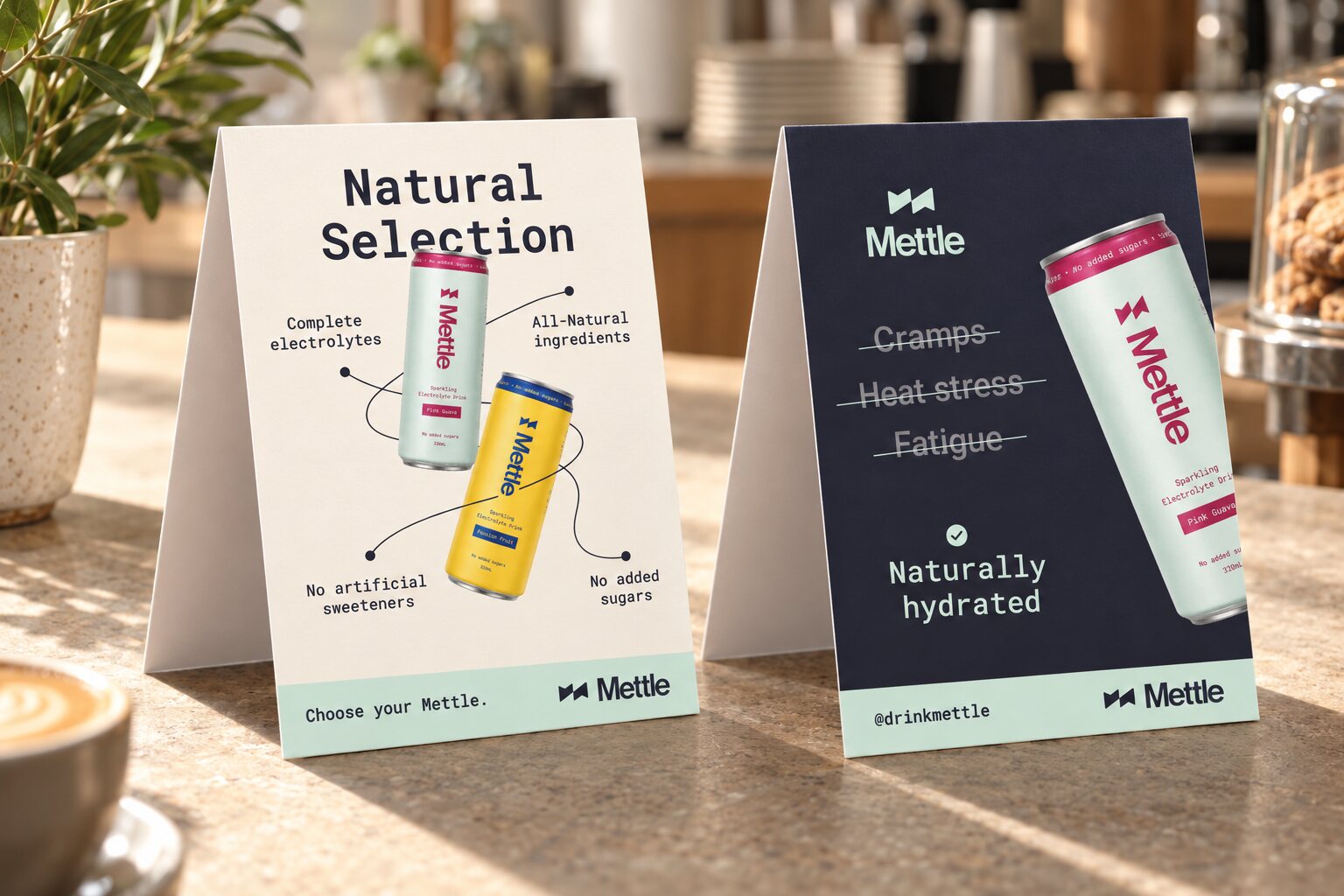 Mettle table tents on a cafe counter