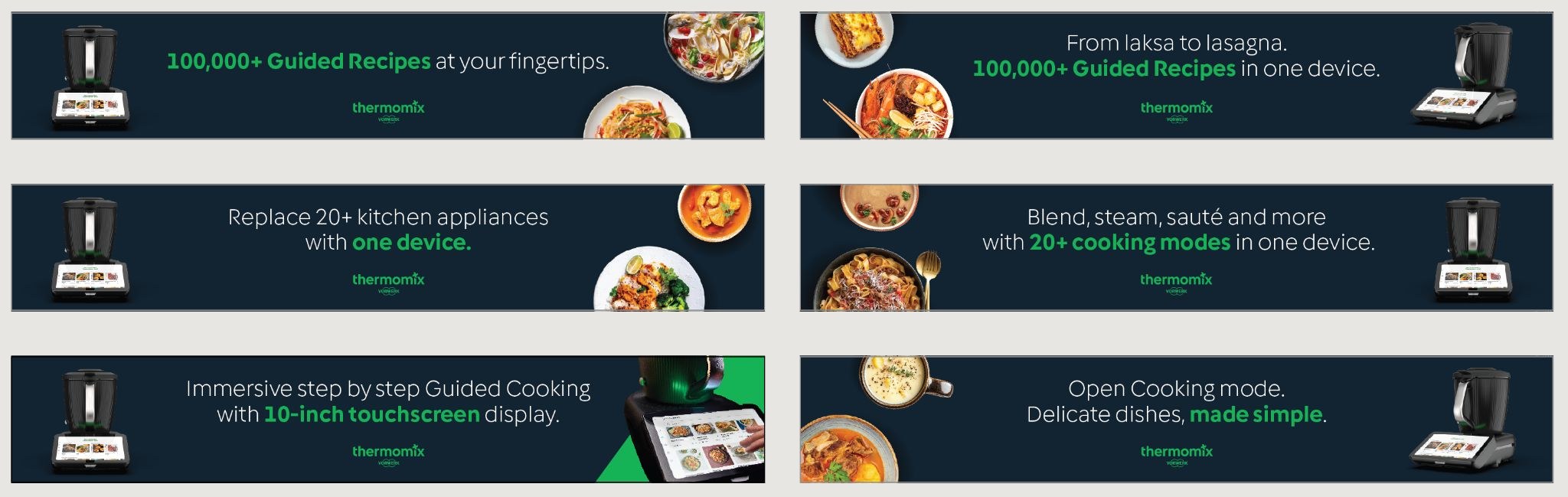 Six overhead cards, each with a TM7 feature and a dish