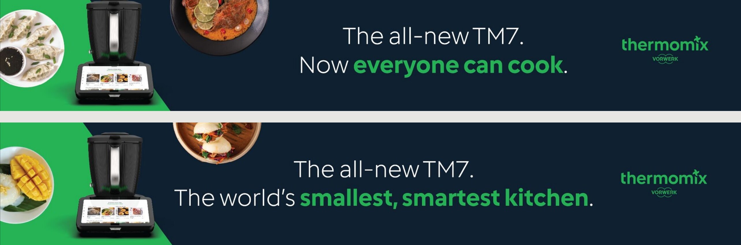 Two station panels: Now everyone can cook, and The world's smallest, smartest kitchen