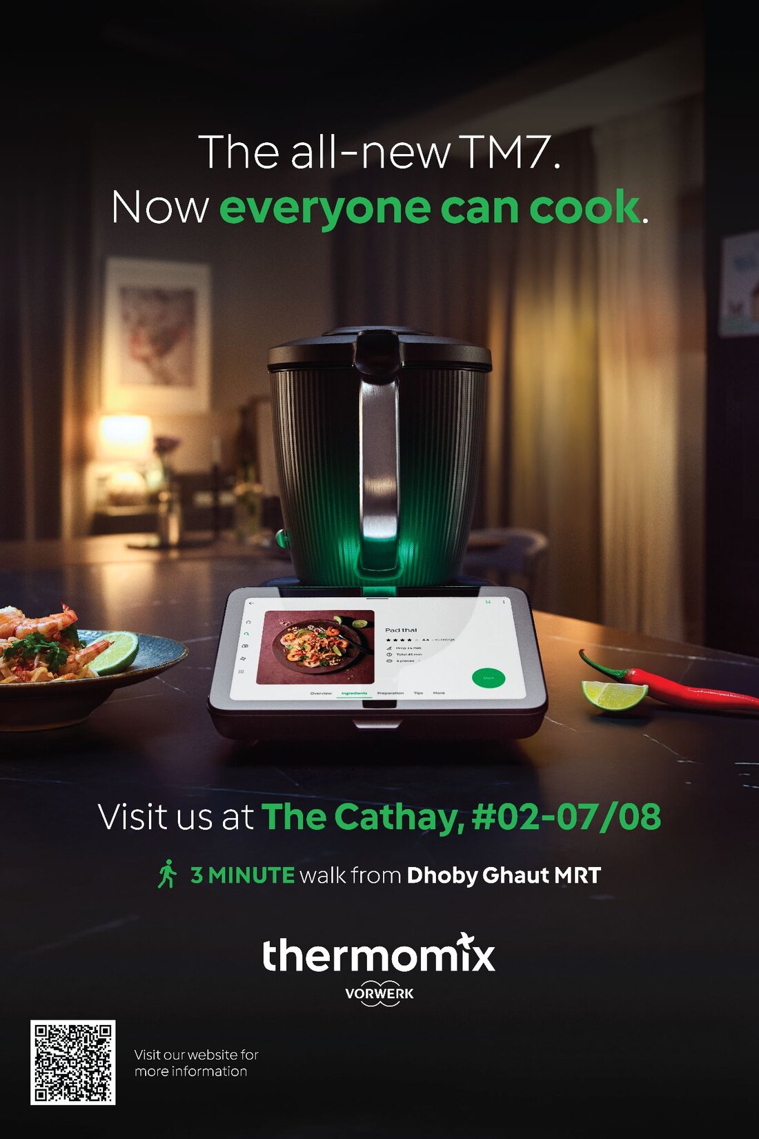 6-sheet poster: the TM7 on a dark kitchen counter with a dish on its screen