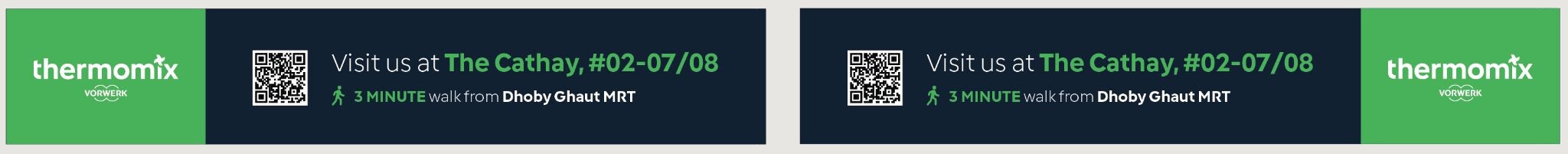 Window stickers with QR codes: Visit us at The Cathay, 3 minute walk from Dhoby Ghaut MRT