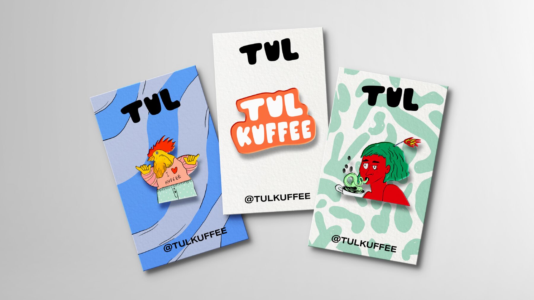 Tul Kuffee cards with illustrations and logos