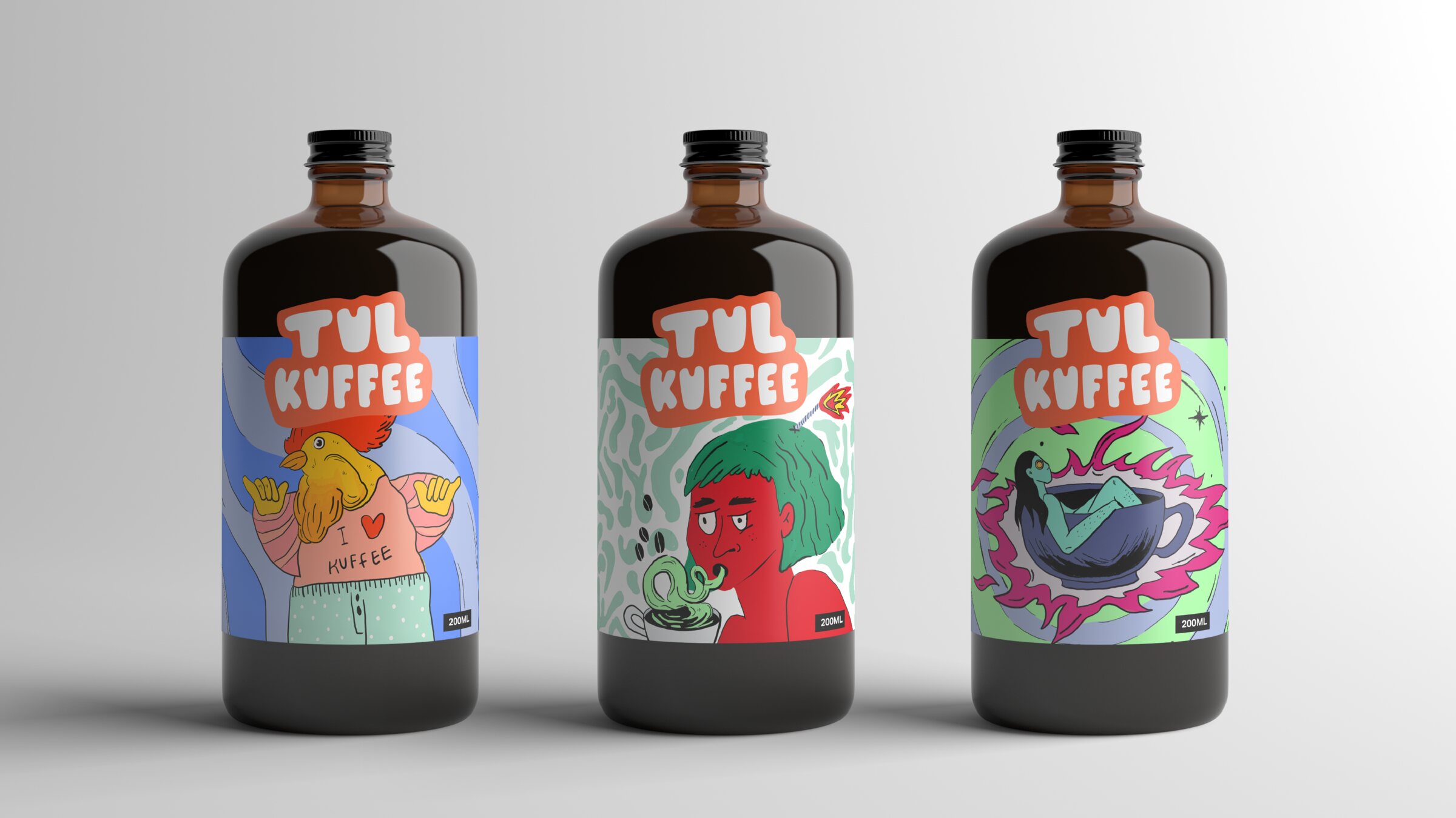 Three Tul Kuffee bottles, each with a different illustrated label