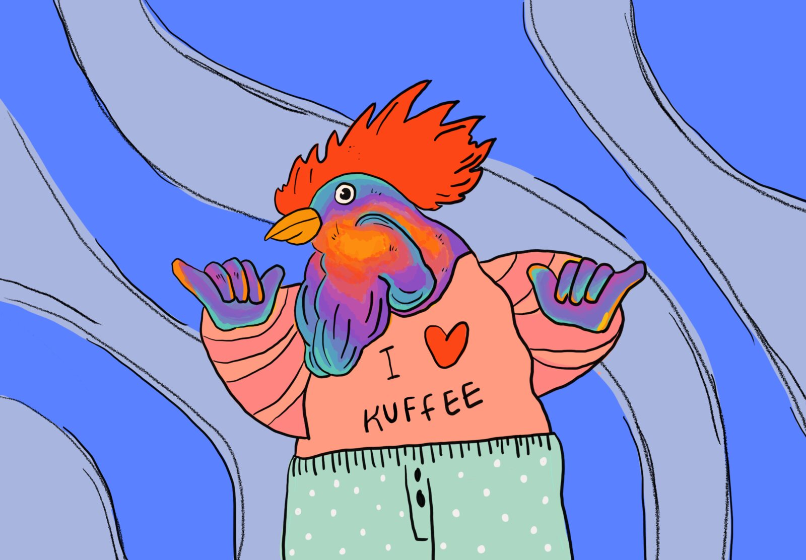 Crack Chicken illustration: a rooster in a coffee-lover T-shirt