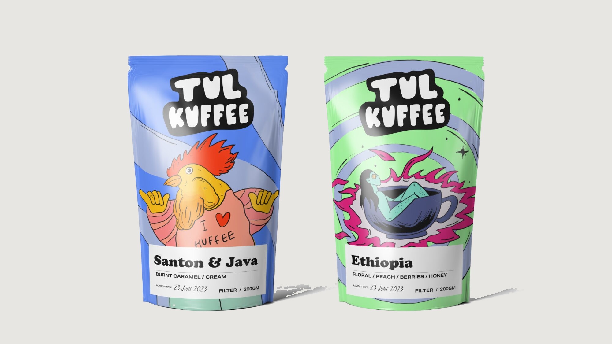 Santos & Java and Ethiopia coffee pouches with illustrated labels