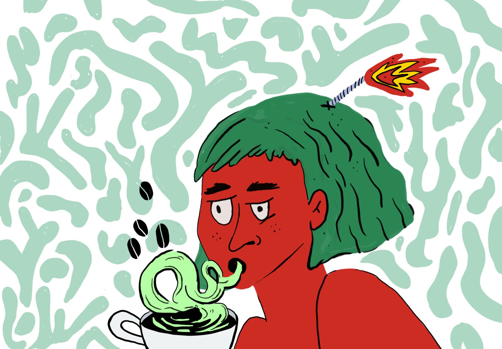 Super Slurp illustration: a green-haired character slurping coffee