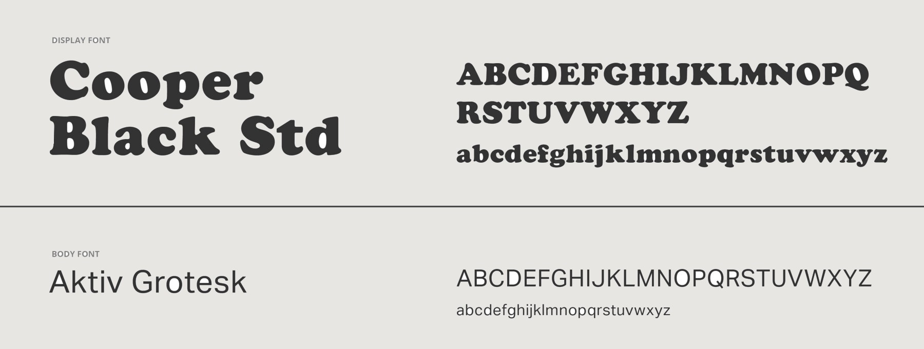 Typography: Cooper Black Std for display, Aktiv Grotesk for body