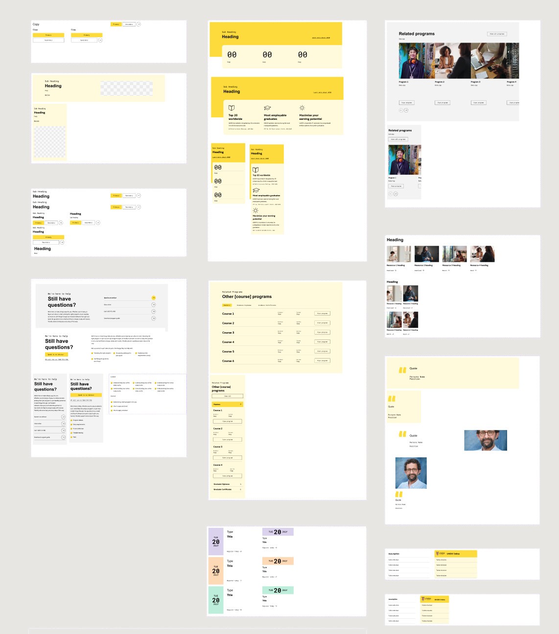 Blocks designed for the library: stats banners, related programs, course lists, contact panels, testimonials, event cards and comparison tables