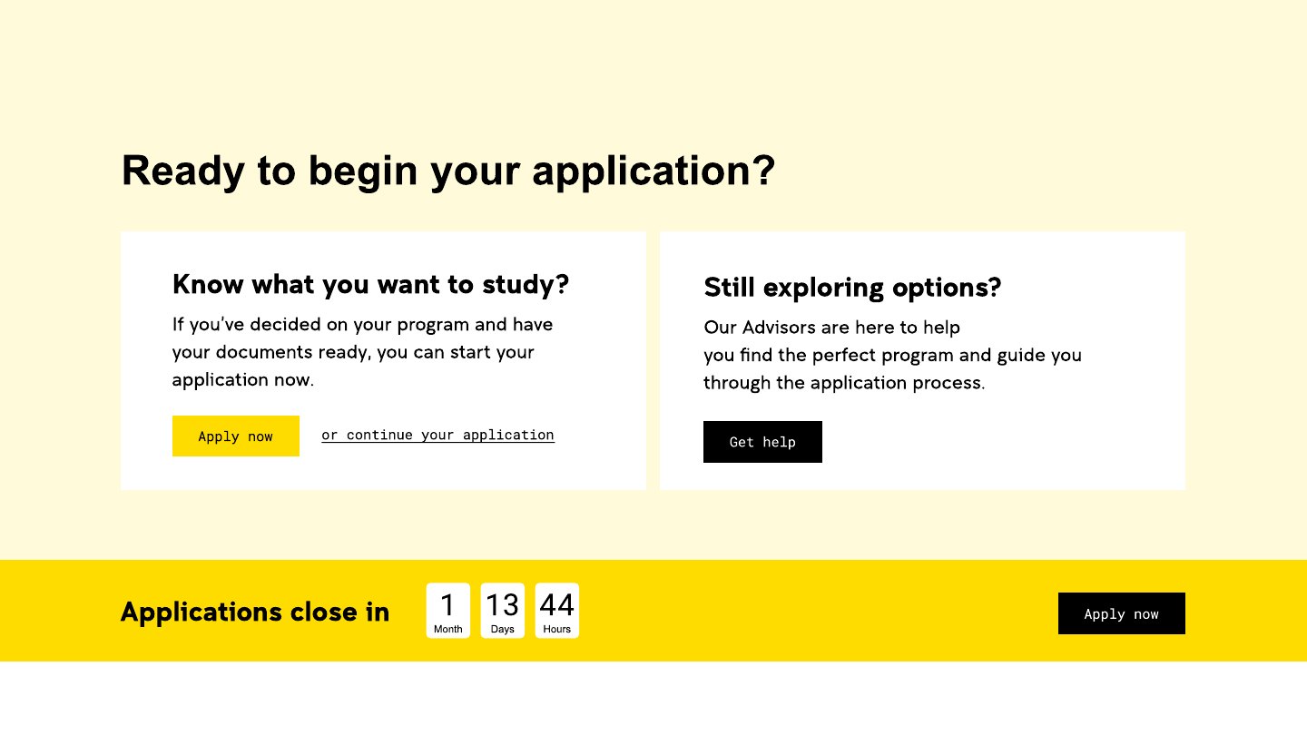 Apply now page: application options, a countdown to the application deadline and the how-to-apply steps